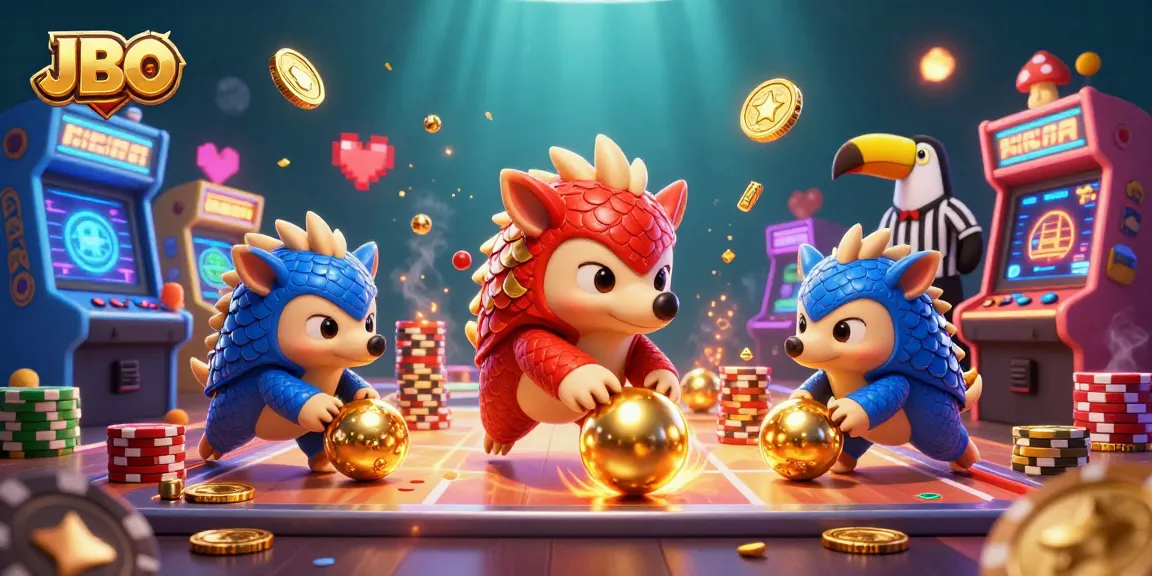Experience JBO gaming excitement as pangolins challenge with golden balls amid poker chips.