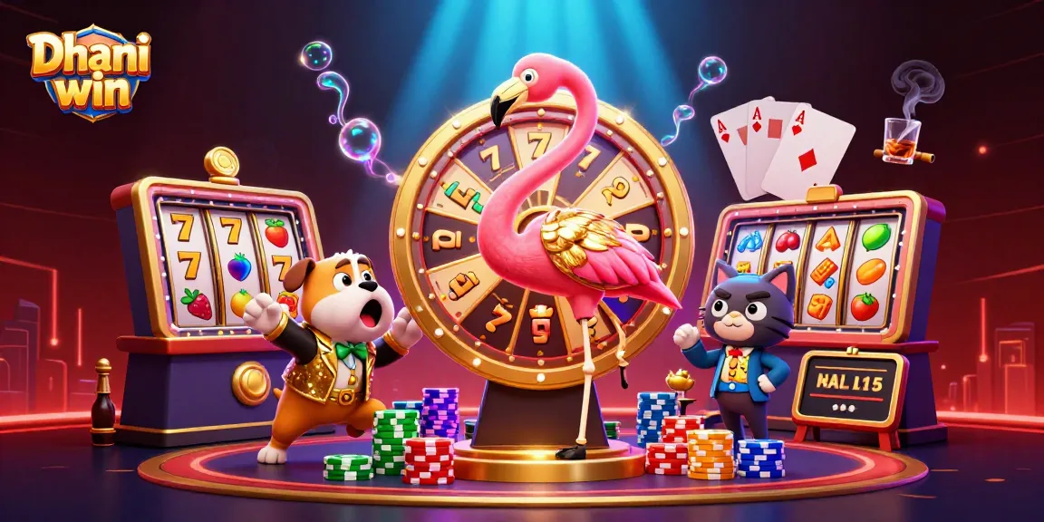 Engage in thrilling gameplay on Dhani win amidst a vibrant casino-themed atmosphere featuring exciting slot reels.