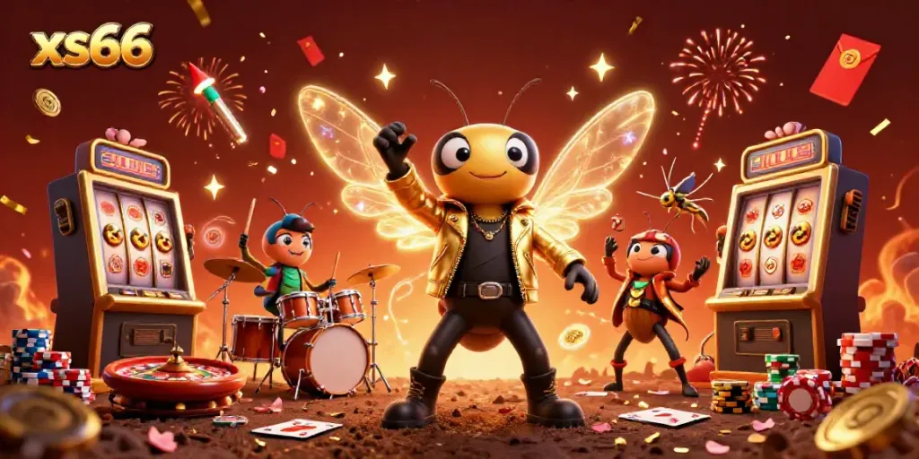 Experience the excitement of xs66 with a vibrant casino scene featuring a cicada rock star and engaging game elements.