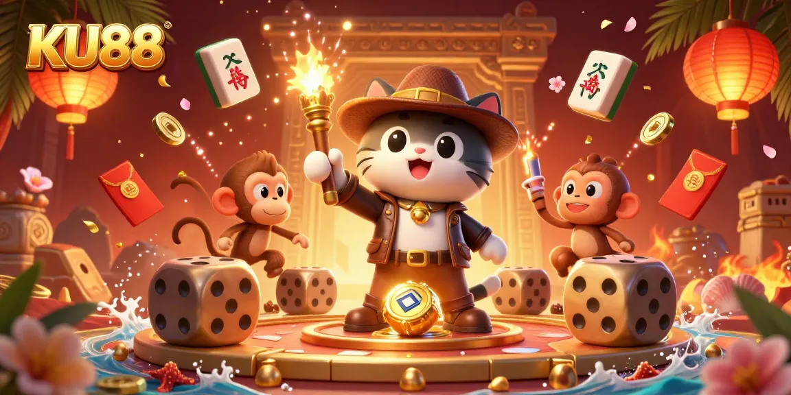 Experience the excitement of KU88 with a cat explorer and monkey in a vibrant casino adventure.
