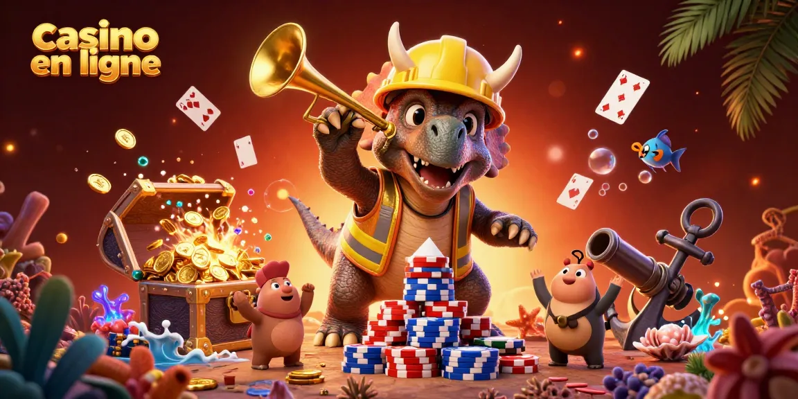 Découvrez les jeux de casino en ligne dans une scène dynamique avec un triceratops et d'autres personnages.