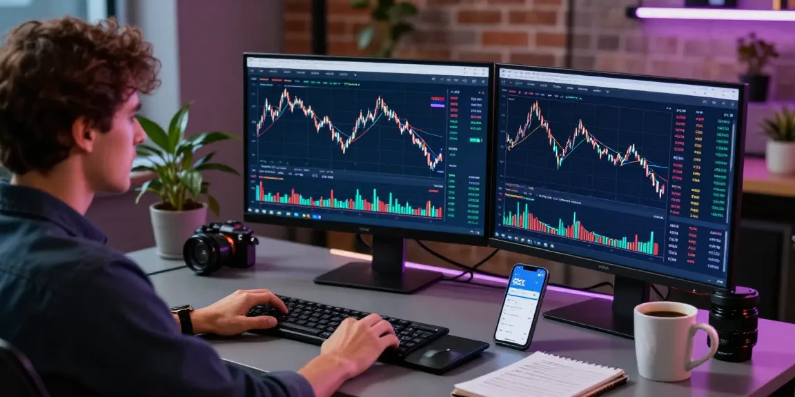 User actively trading on the OKX crypto exchange platform, analyzing market trends with multiple screens in a modern workspace.