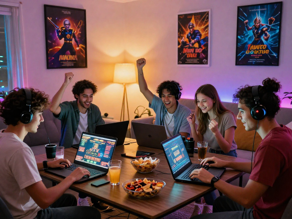 Friends enjoying an online gaming session at home, highlighting daftar raja328 gaming experience.