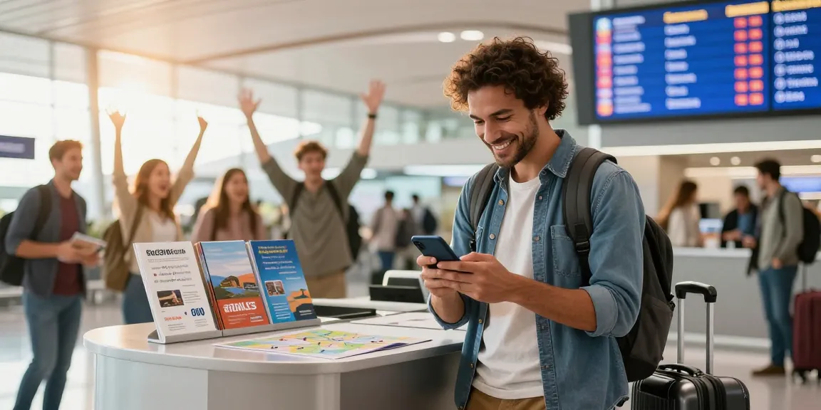 Happy traveler at airport checking saily esim coupons on smartphone while planning their next trip.