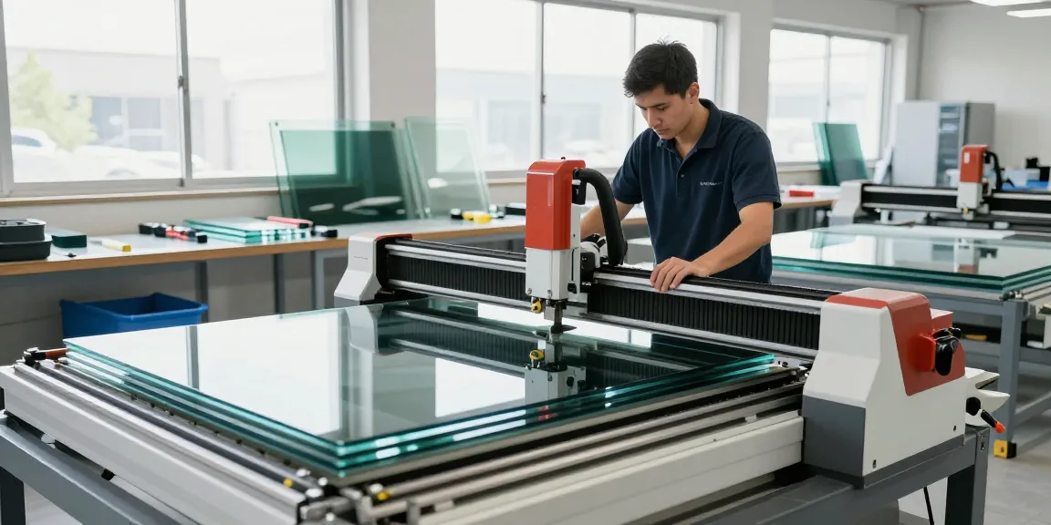 Technician using a glass cutting machine in a modern workshop, focused on precision cutting.