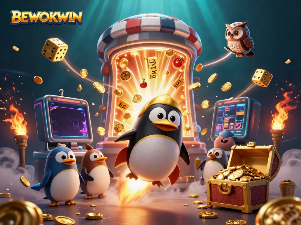 BEWOKWIN menyajikan penguin emas bertenaga roket dalam ilustrasi kasino menarik dengan slot jackpot dan koin berkilauan.