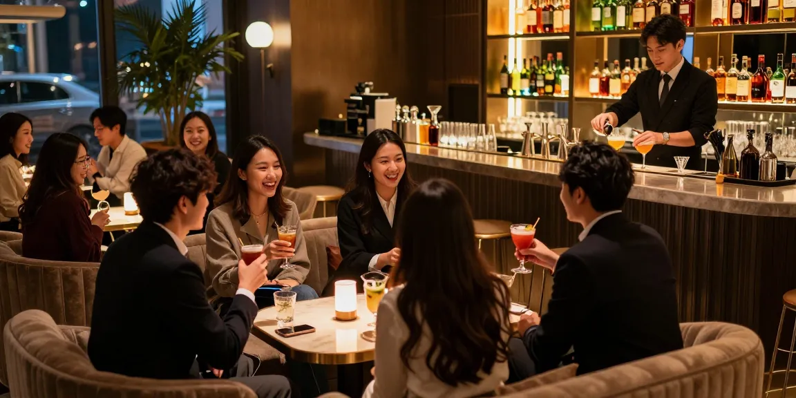 쩜오블랜딩 고급스러운 라운지에서 손님들이 음료를 즐기는 모습.