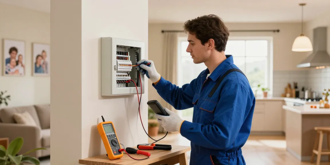 Role of a domestic electrician inspecting home electrical panel for safety and efficiency.