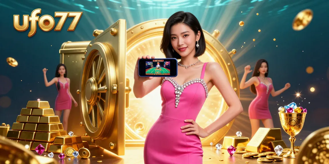 Activate thrilling games with ufo77 in a vibrant casino illustration featuring gold treasures.
