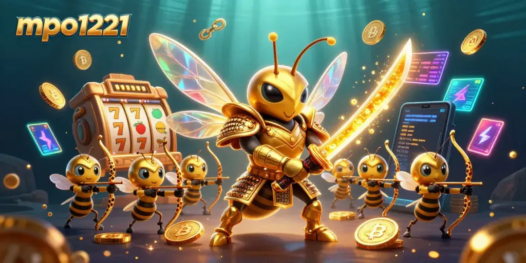 Engage in the mpo1221 gaming action with vibrant slot symbols and cartoon characters amidst crypto coins.