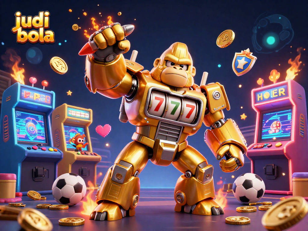 Experience judi bola action with a golden gorilla mech and sports elements in this vibrant 3D illustration