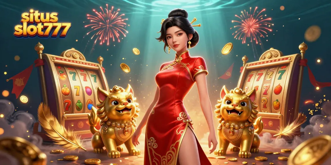 Play exciting games on situs slot777 with a glamorous Asian woman and golden foo dogs amidst dynamic casino elements.