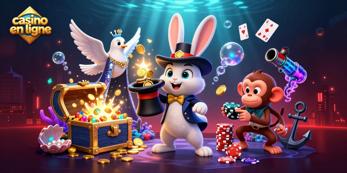 Un magicien du casino en ligne tire des pièces d'or d'un chapeau avec une colombe et un singe farceur.