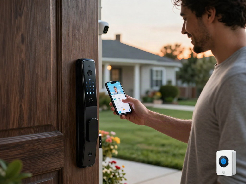 خرید قفل هوشمند showcased with a homeowner demonstrating a smart lock on a stylish door, reflecting modern security solutions.