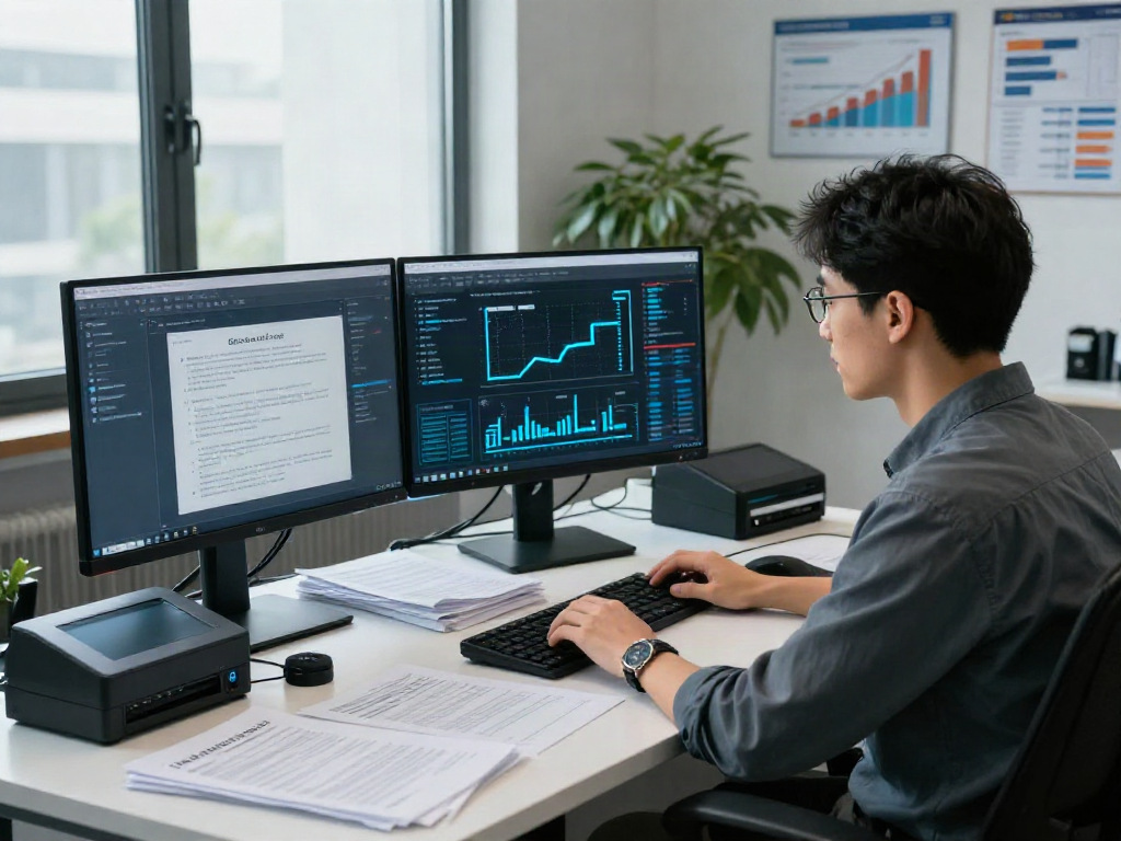 Analyst engaged in document fraud detection using software tools in a modern office environment.