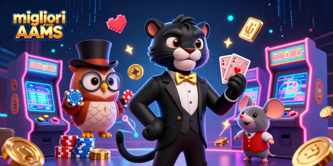 Migliori casino non AAMS scena illustrata con personaggi che distribuiscono carte, elementi di gioco ed energia vibrante.