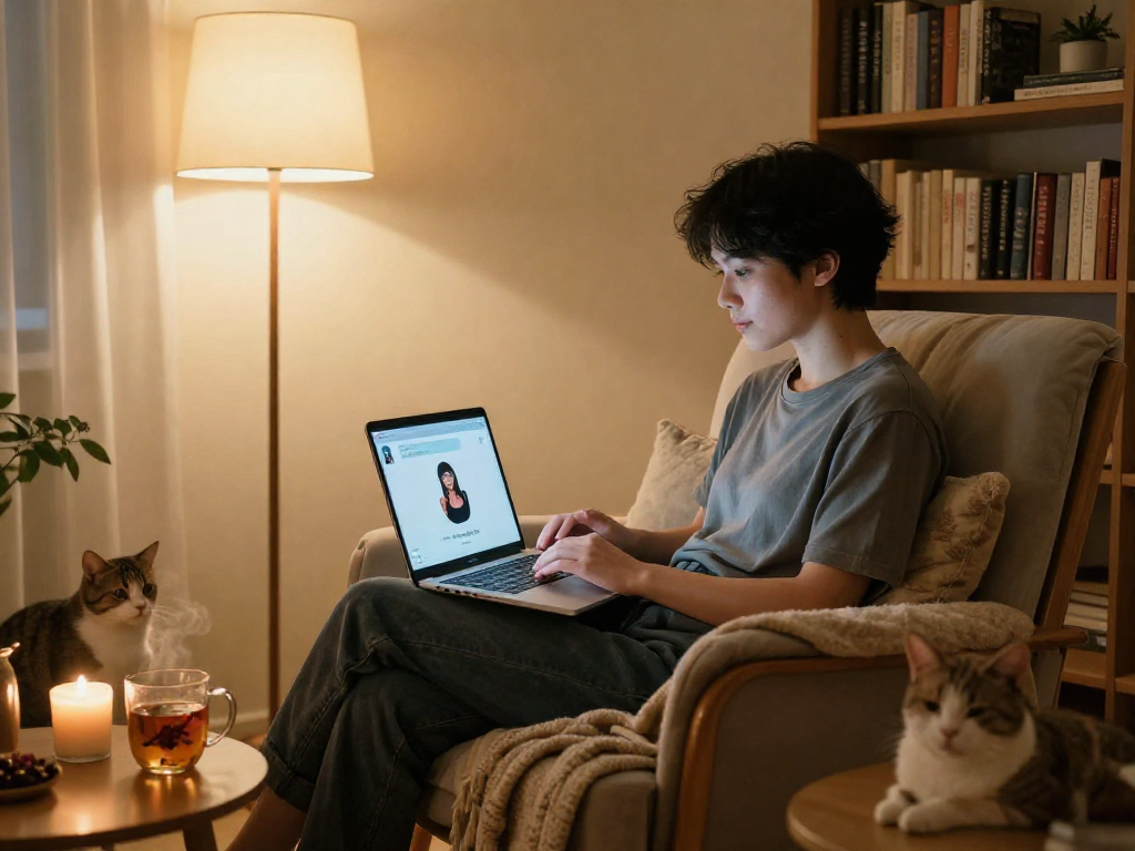 A cozy home office scene featuring a person engaged in free AI sex chat on a laptop, with warm lighting and personal touches.