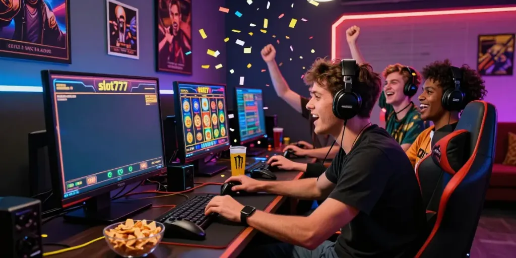Permainan slot777 online yang memukau, dengan pemain yang bersemangat merayakan kemenangan di lingkungan gaming yang nyaman.