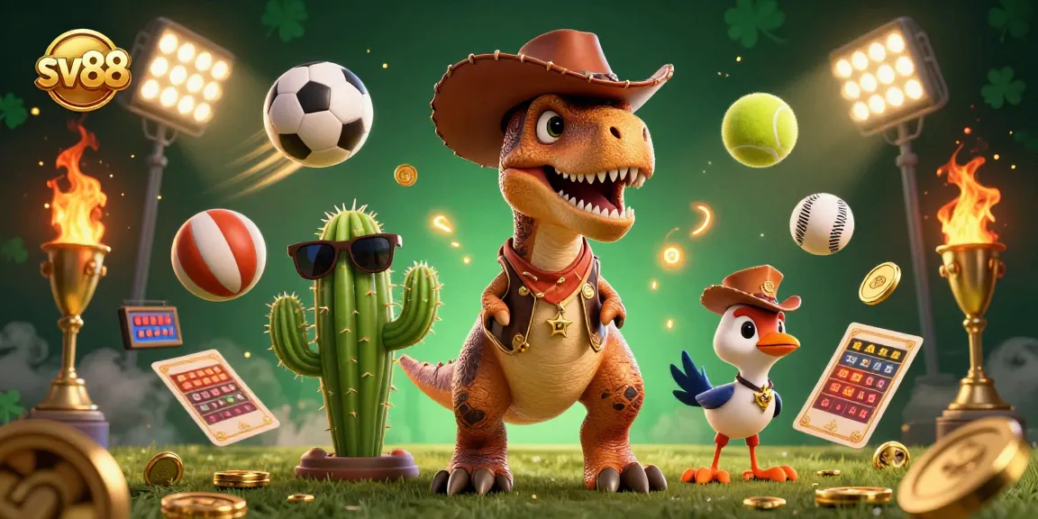 Experience thrilling gaming with sv88 featuring a dinosaur cowboy and dynamic sports elements.