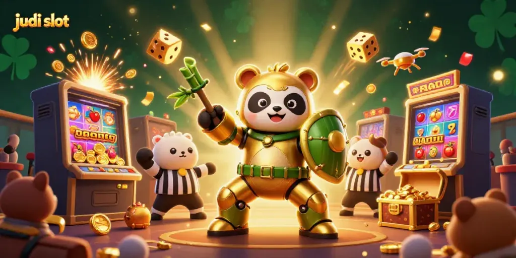 Melihat judi slot dengan jackpot berkilauan dan karakter panda emas dalam pertempuran robotik.