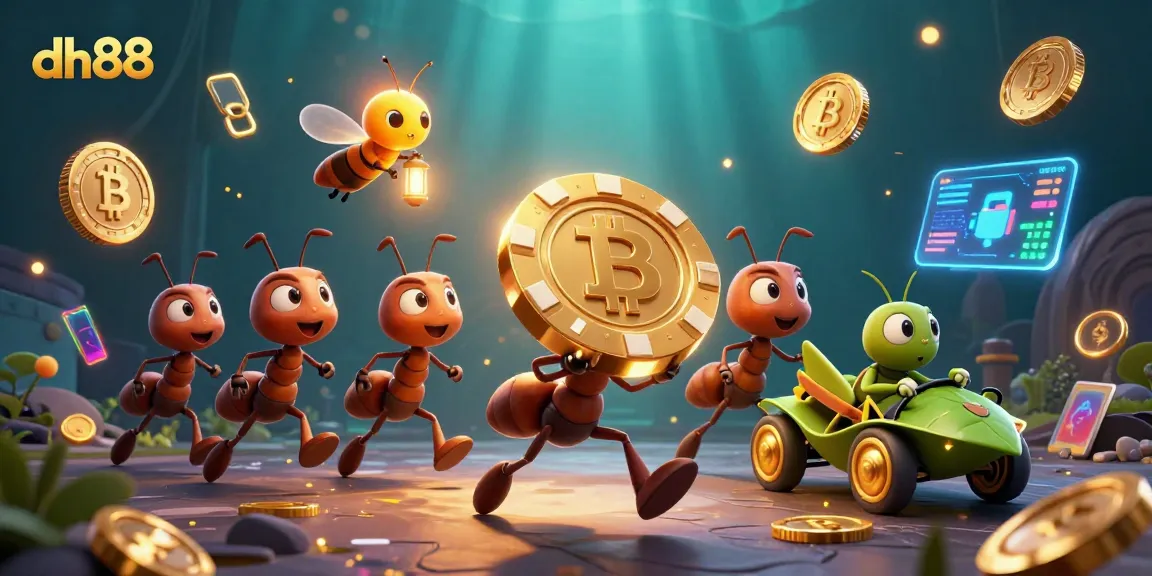 Join the dh88 adventure with a team of charming cartoon ants heisting a golden poker chip.