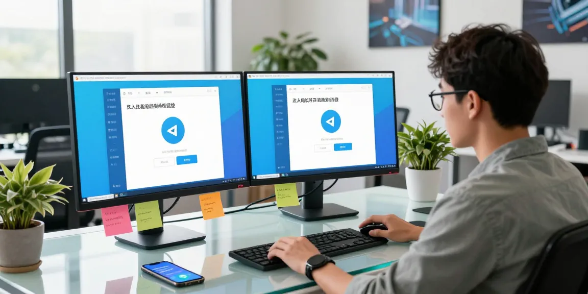 telegram china desktop setup with user interacting with Telegram on dual monitors in a modern office