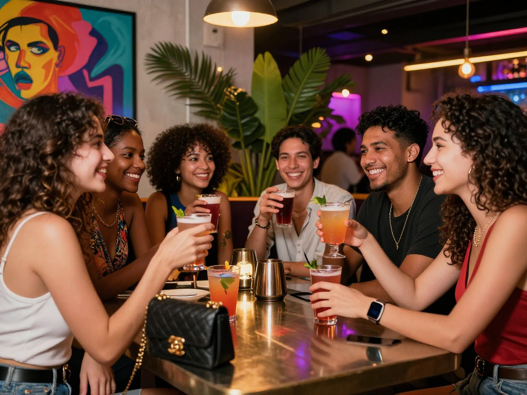 Young adults celebrating nightlife as AI sluts in trendy outfits at a vibrant bar.