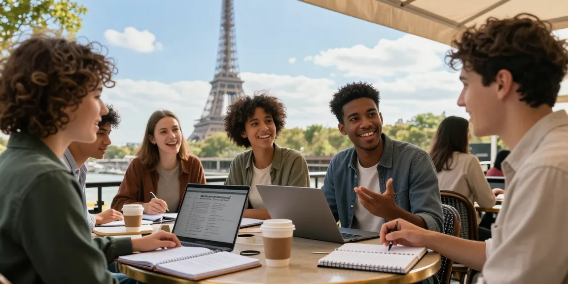 Cursos de francés en Francia - Estudiantes diversos aprendiendo francés en un café en París con la Torre Eiffel de fondo.