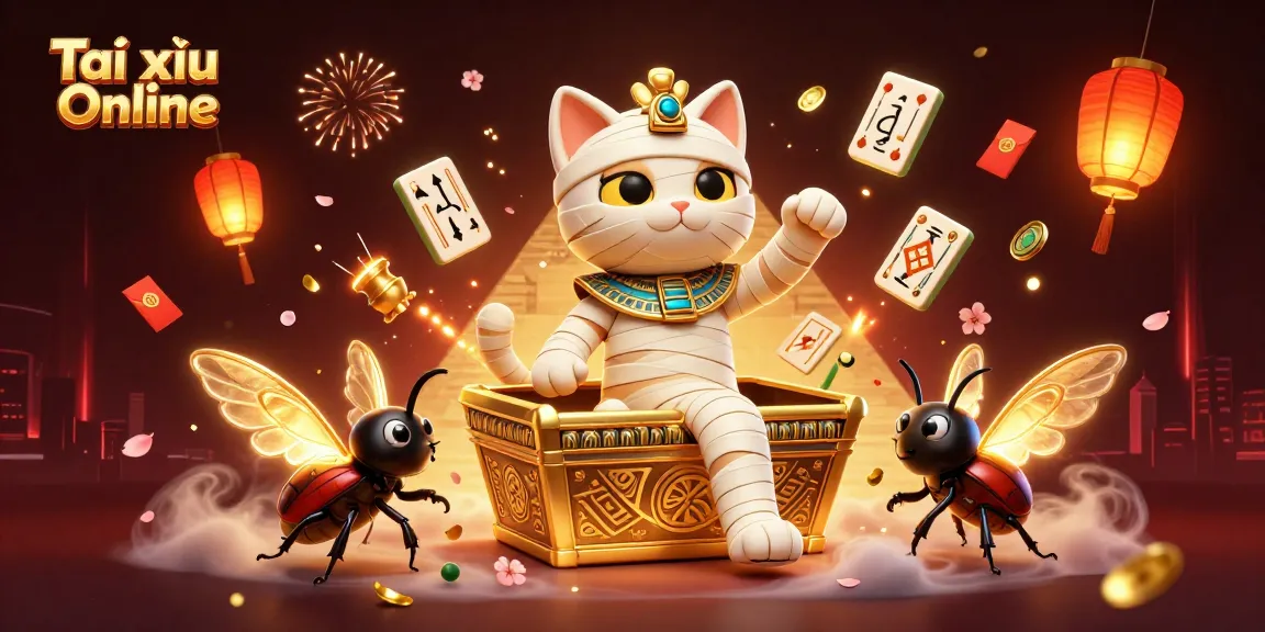 Tài xỉu Online gaming scene showcasing an Egyptian mummy cat and illuminated casino elements.