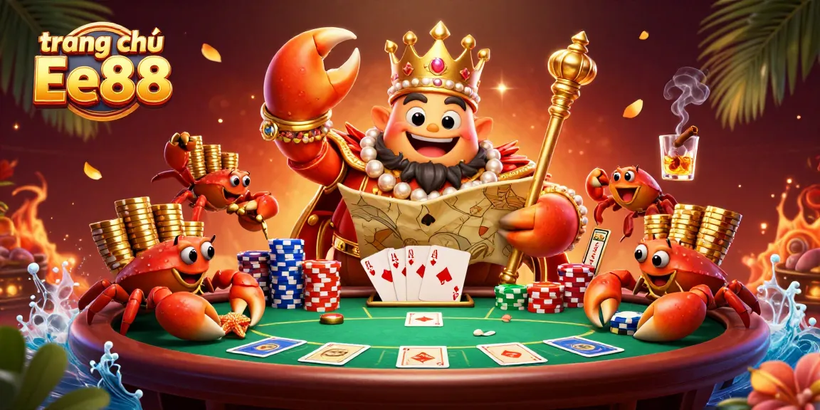 Experience thrilling moments at trang chủ Ee88 with a golden crab emperor amidst vibrant poker elements.
