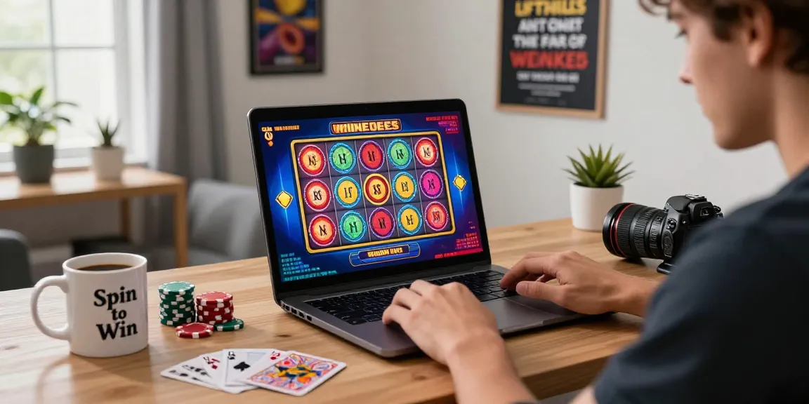 Player engaged with slot online, surrounded by gaming elements in a cozy home office.