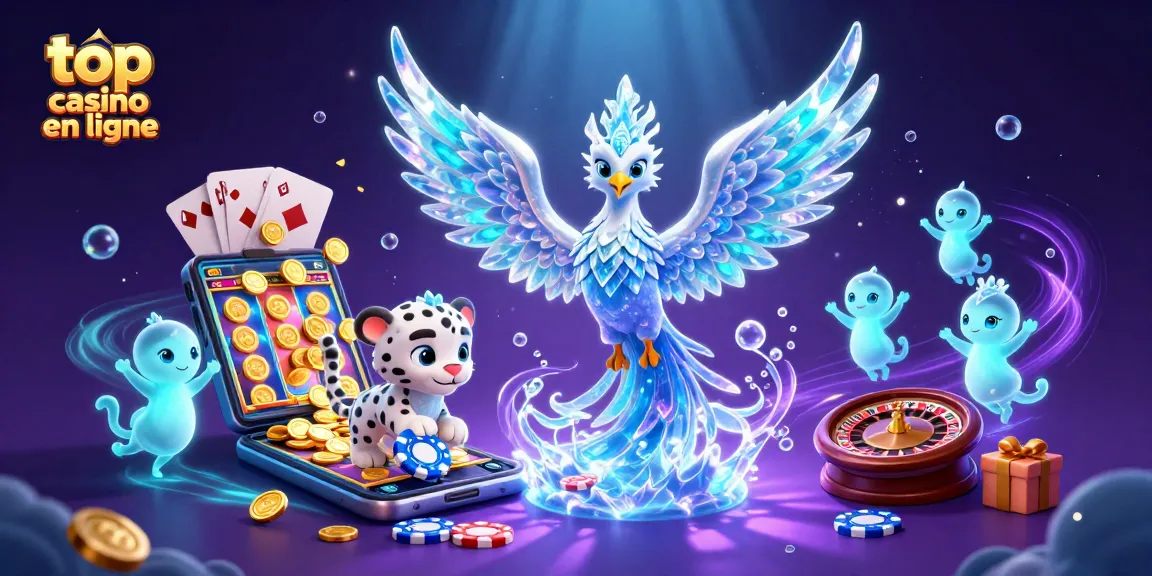 Explorez le top casino en ligne avec un phoenix de glace, un léopard des neiges, et des sprites lumineux.