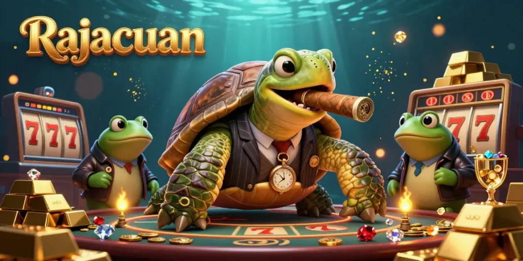 Rajacuan captures the excitement of slots with vibrant turtle mobster and bullfrogs, in a rich, dynamic casino scene.