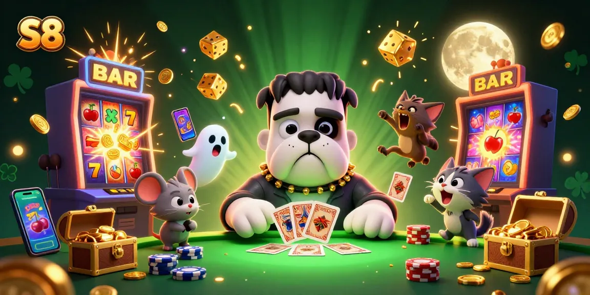 S8 captivates players with a thrilling scene of lively casino games featuring whimsical characters and jackpot excitement.