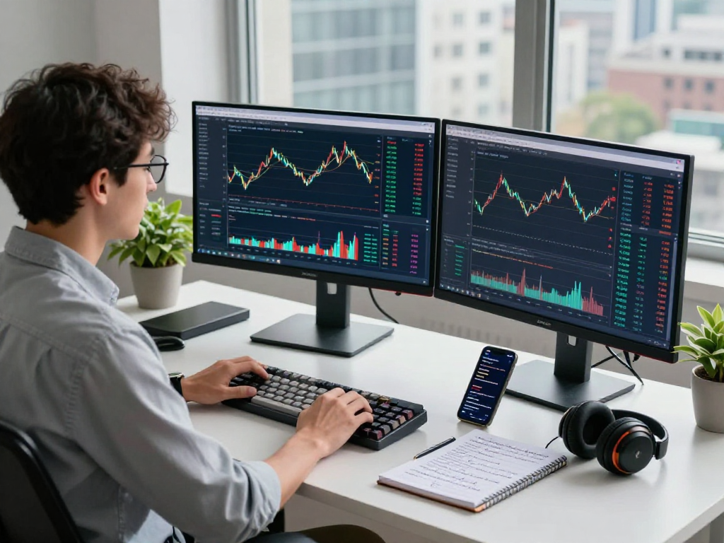 Global futures real-time API data displayed on multiple monitors in a modern tech workspace, showcasing advanced trading algorithms and analytics.