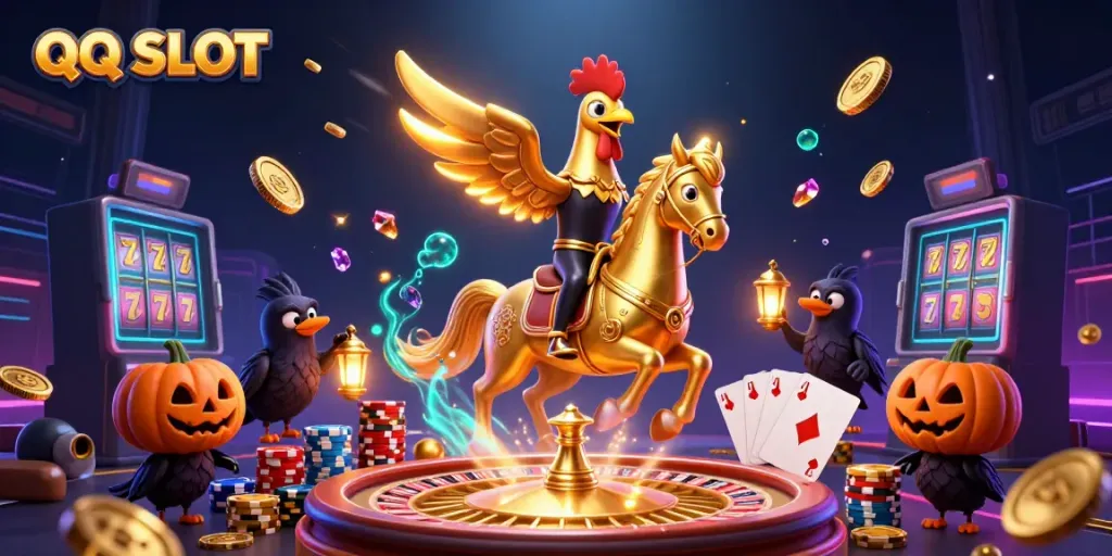 Experience the thrilling QQ SLOT journey with vibrant characters and dynamic casino elements.