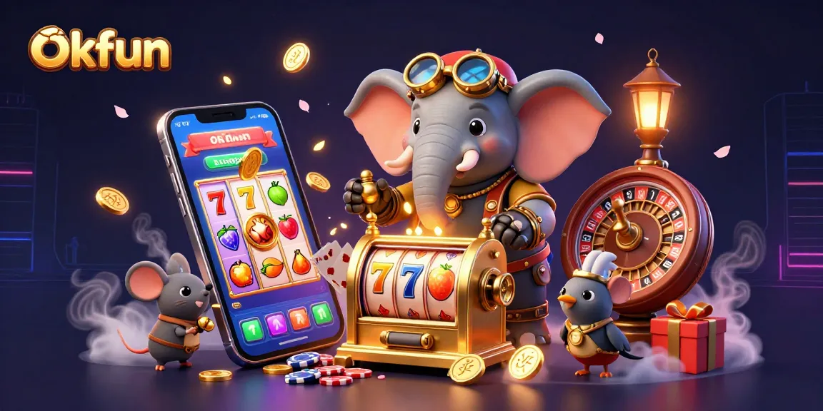 Spin the luck at okfun with vibrant slot reels and exciting casino elements in a 3D illustration.