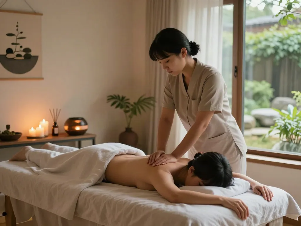부천출장마사지 for relaxation in a tranquil therapy room with calming decor and soft lighting.