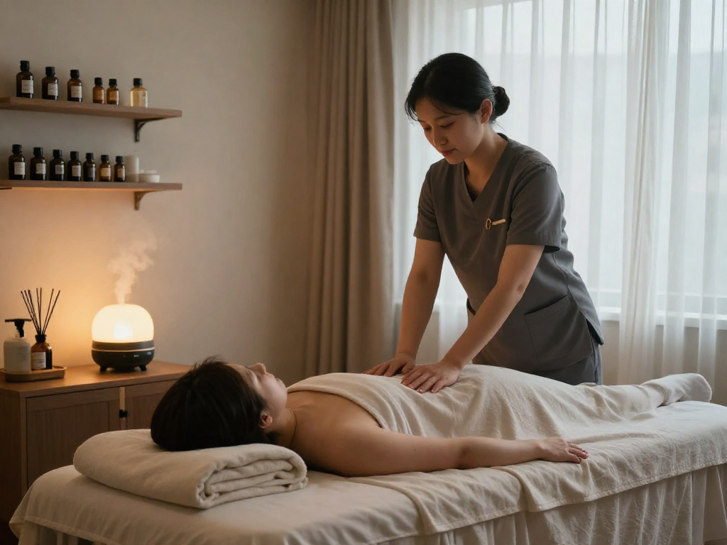 안양출장 service setup for a relaxing massage therapy session in a serene living room with soothing ambiance.