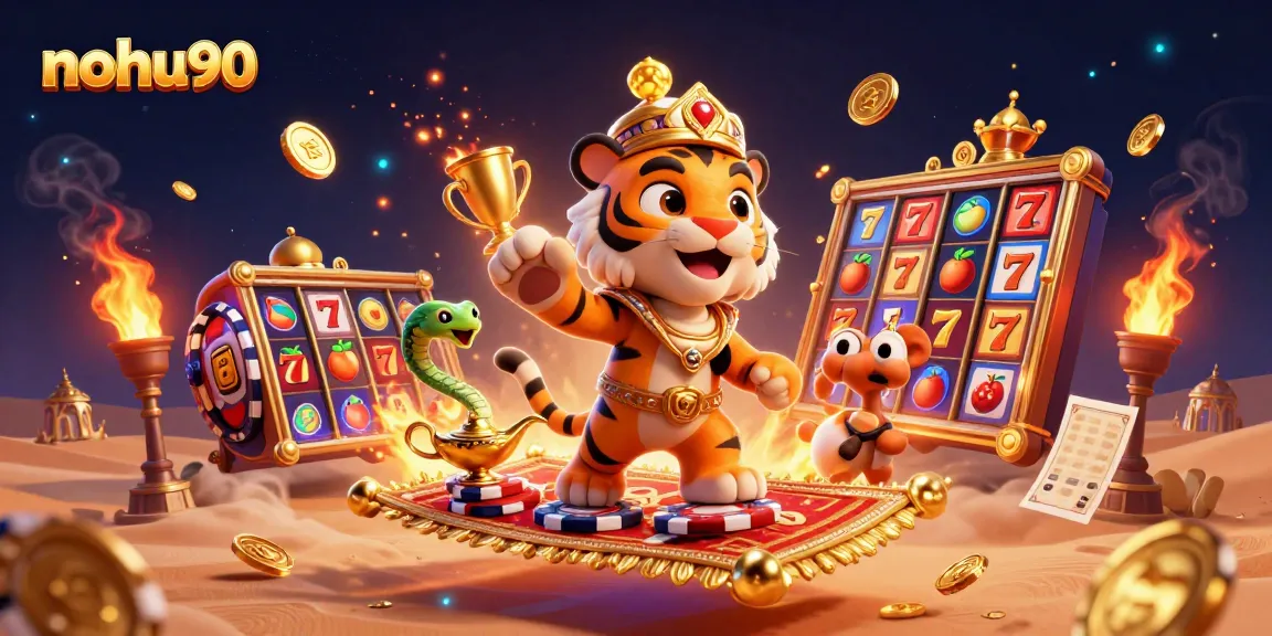 Join the excitement of nohu90 with slots, golden trophies, and a magical Arabian landscape.