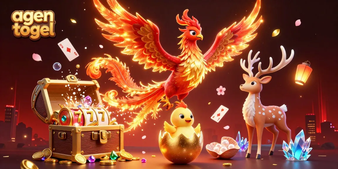 A captivating scene of agen togel featuring a phoenix soaring, spinning slot reels, and gold coins exploding.