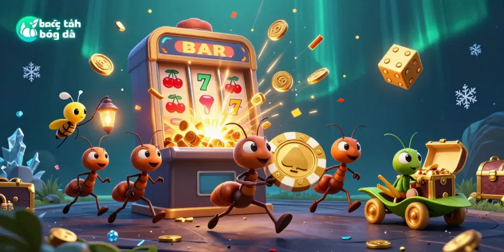 Exciting illustration of a team of ants carrying a poker chip, framed by a vibrant bảng xếp hạng bóng đá theme.