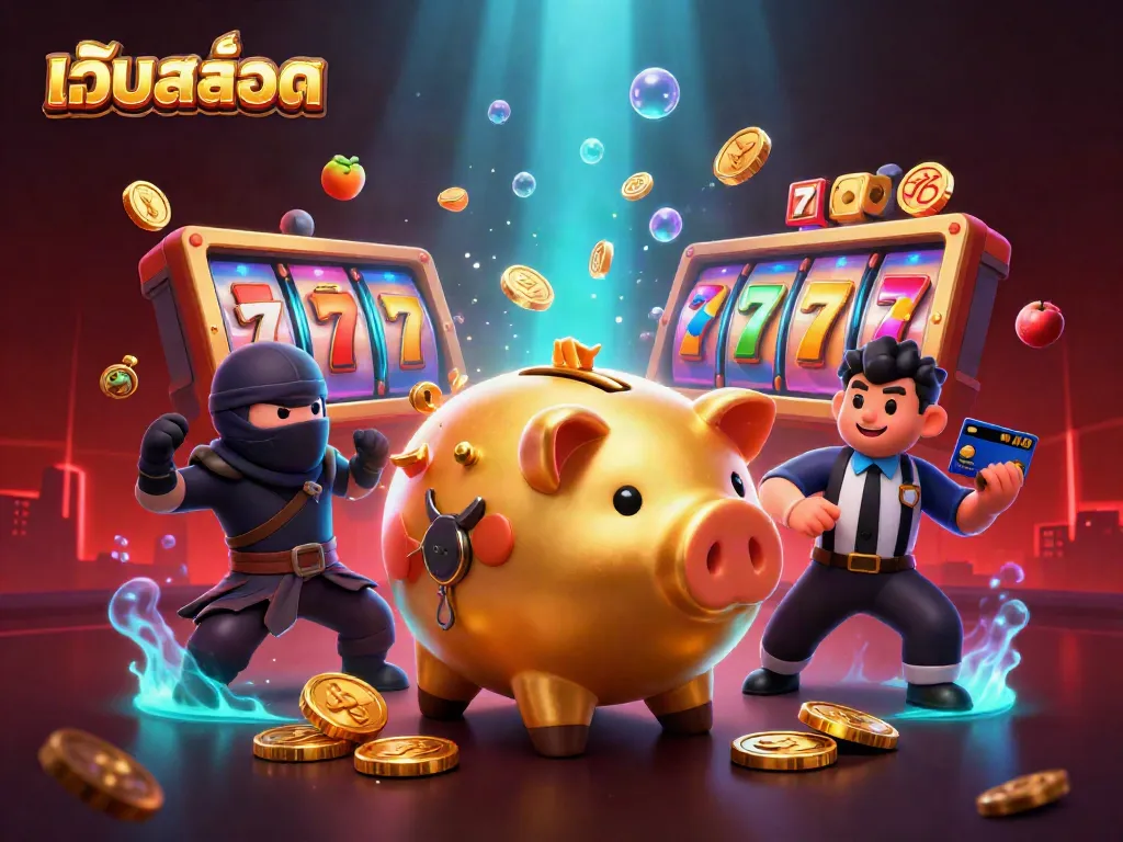 Experience excitement with เว็บสล็อต through dynamic 3D illustration featuring a golden piggy bank and casino elements.
