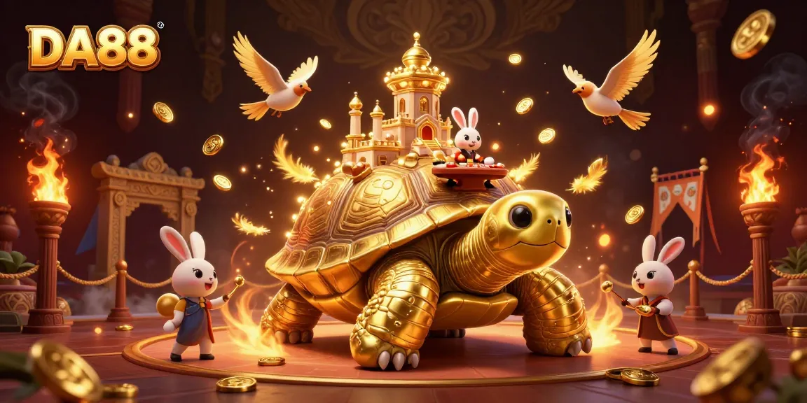 Experience thrilling gameplay at DA88 with a dynamic rabbit dealer and golden coins in an enchanting casino scene.