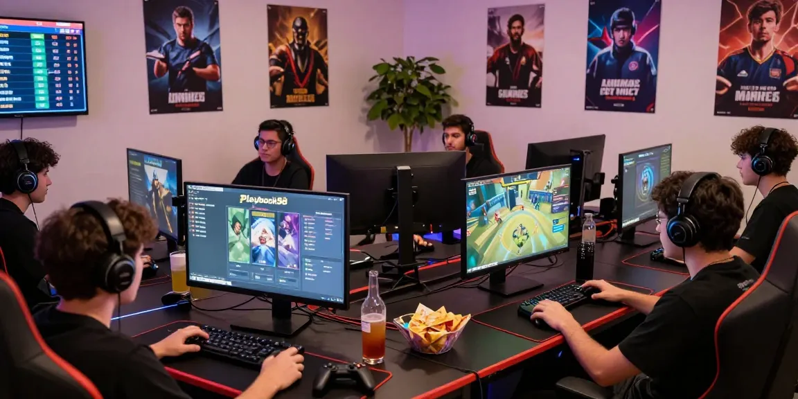Playbook88 gaming scene with diverse players in competitive online session, vibrant atmosphere.
