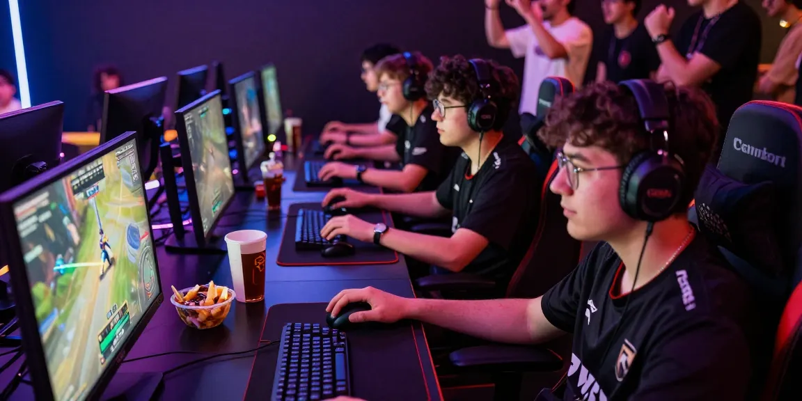 Exciting esports arena with gamers focused on 7meter gameplay and vibrant atmosphere.