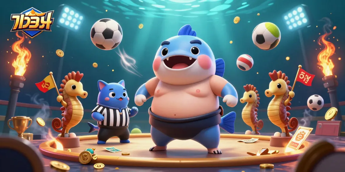 Bet on แทงบอล in a vibrant 3D underwater scene with a cartoon fugu and sports elements