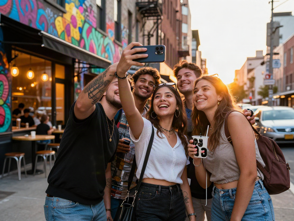 Group of friends finding their celebrity look alike in a vibrant city.
