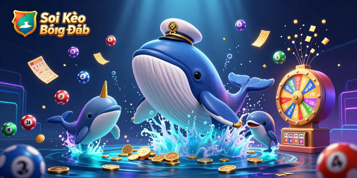 Soi Kèo Bóng Đá depicts a vibrant underwater scene of a whale, narwhal, and dolphins interacting amidst coins and dynamic game elements.