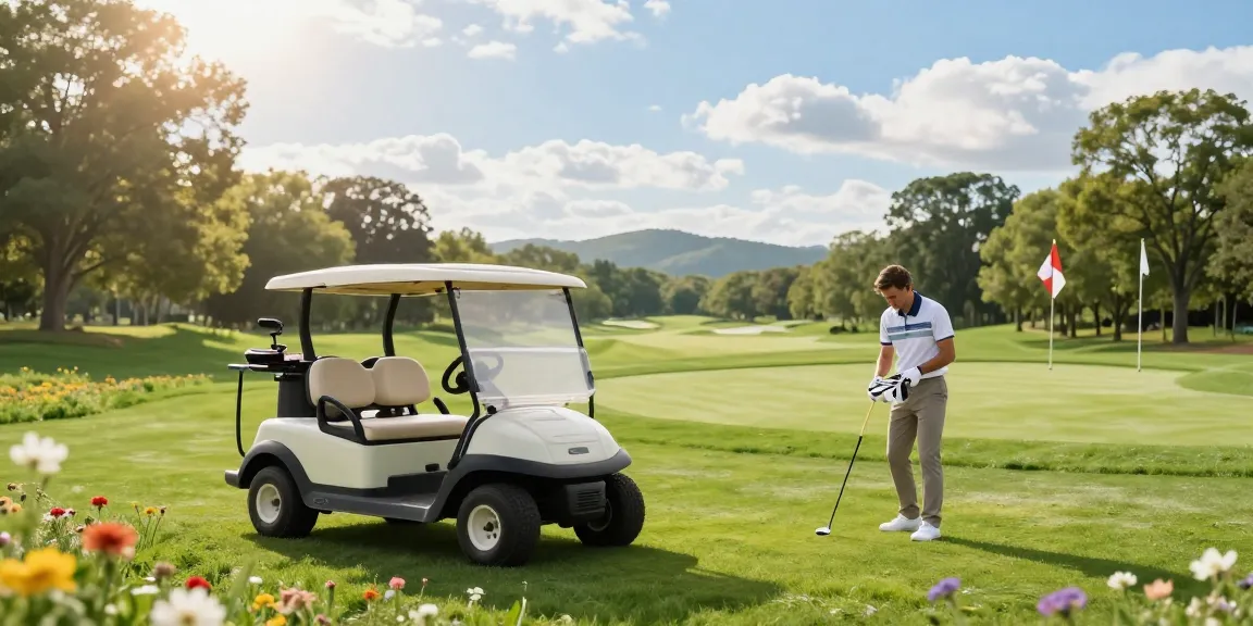 Refurbished golf cart on lush fairway highlighting golf lifestyle and relaxation on sunny course.